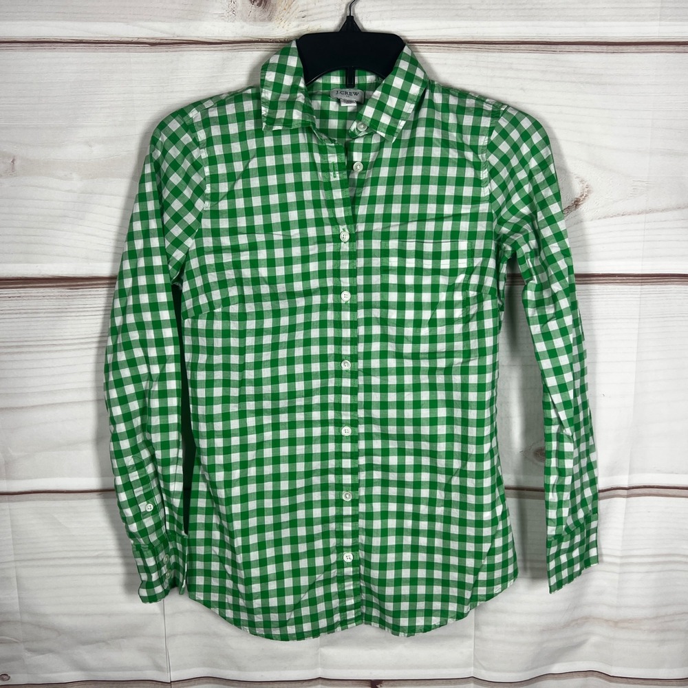J.Crew Gingham Button Down Top Womens XXS Green Check Long Sleeve Cotton Shirt